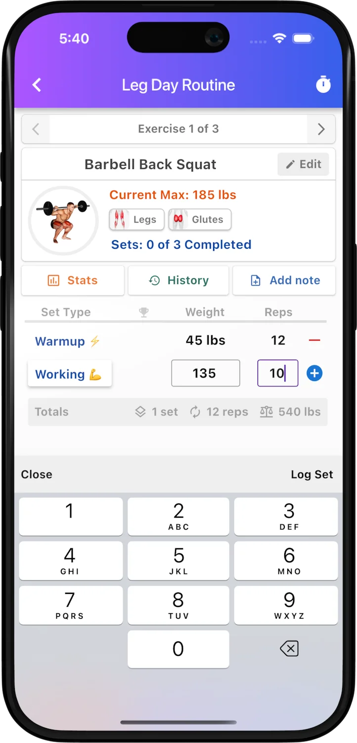 Bench mobile workout log with warmup and working sets