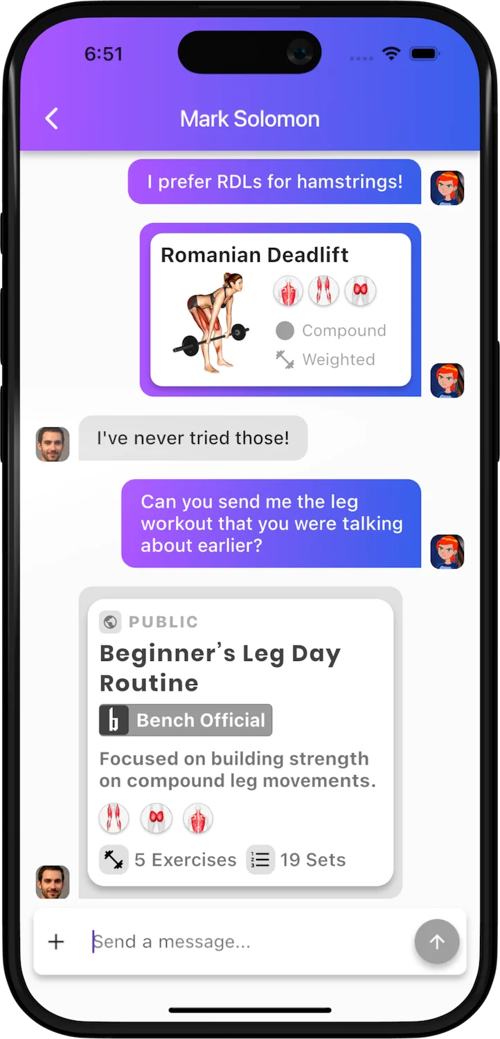 A direct message conversation between lifters in Bench